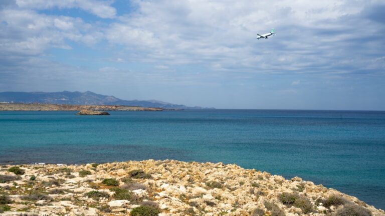 Airplane flying over a turquoise ocean and rocky shore.