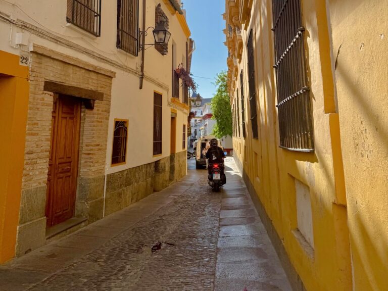Person riding a scooter down a narrow european street.