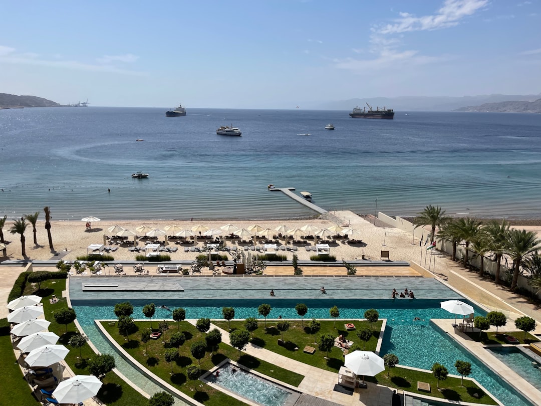 an aerial view of a beach and pool area
