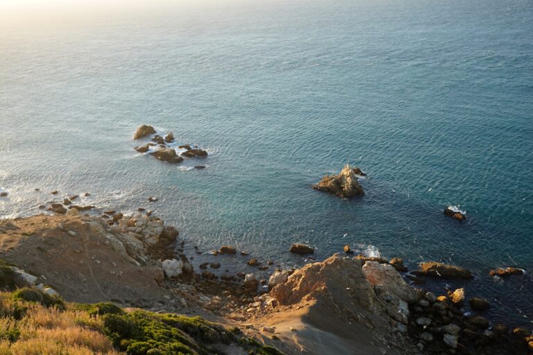 a body of water surrounded by rocks and grass